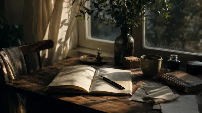 Quaderno aperto su una scrivania all’alba, tra luce naturale, fogli e oggetti quotidiani, simbolo della scrittura interiore.