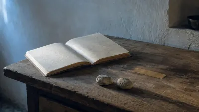 Quaderno aperto accanto a una sottile lamina dorata e a due pietre, in una stanza mediterranea illuminata all’alba.