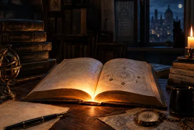 Libro aperto illuminato da una luce calda su una scrivania notturna, circondato da volumi antichi, strumenti di lettura, una candela e una finestra sul paesaggio lunare.