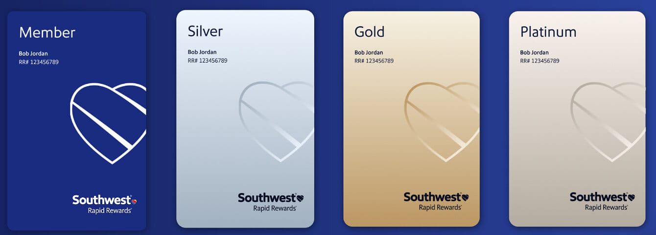 Southwest Rapid Rewards Member, Silver, Gold and Platinum tier cards