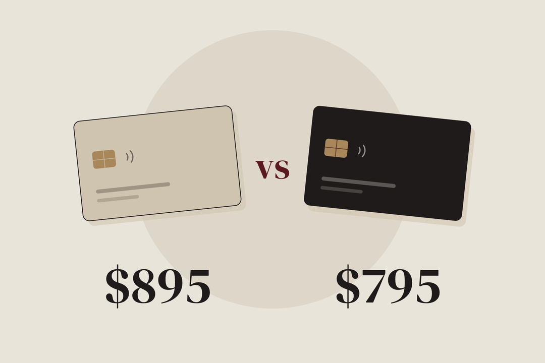 Illustration: two cards side by side, $895 and $795 annual fees