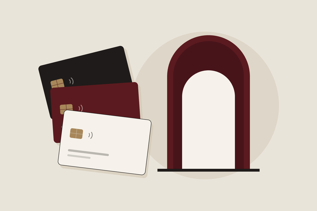 Illustration: three cards at an arched lounge door
