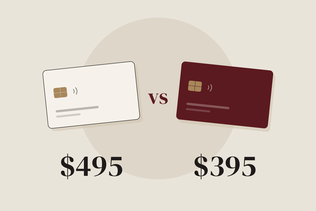 Illustration: two cards side by side, $495 and $395 annual fees