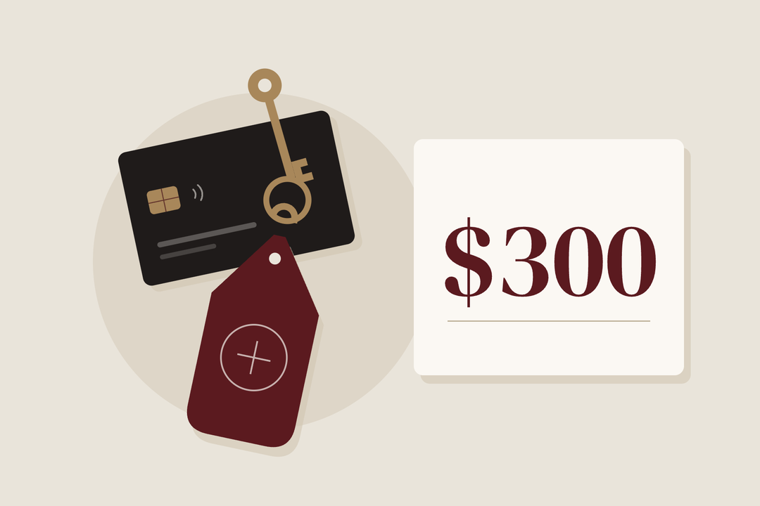 Illustration: a card, a hotel key fob and $300 on a tile