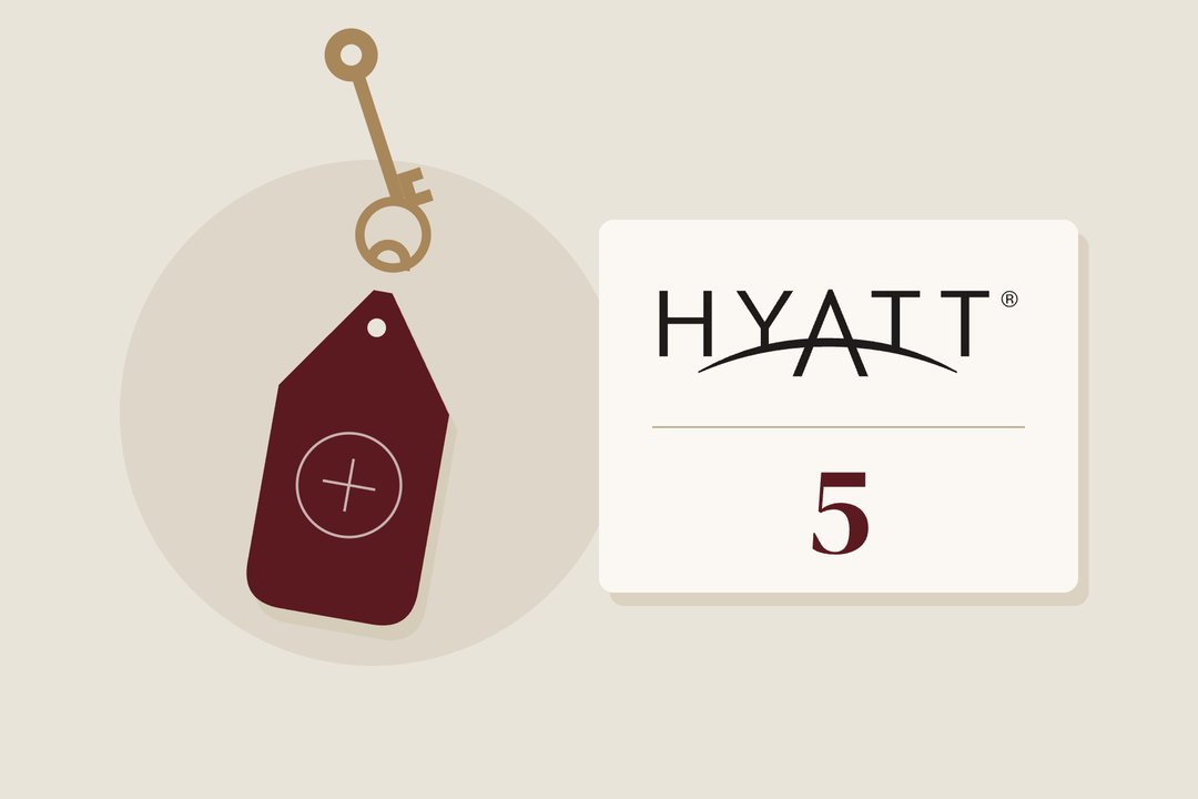 World of Hyatt logo and the number 5 beside a hotel key fob