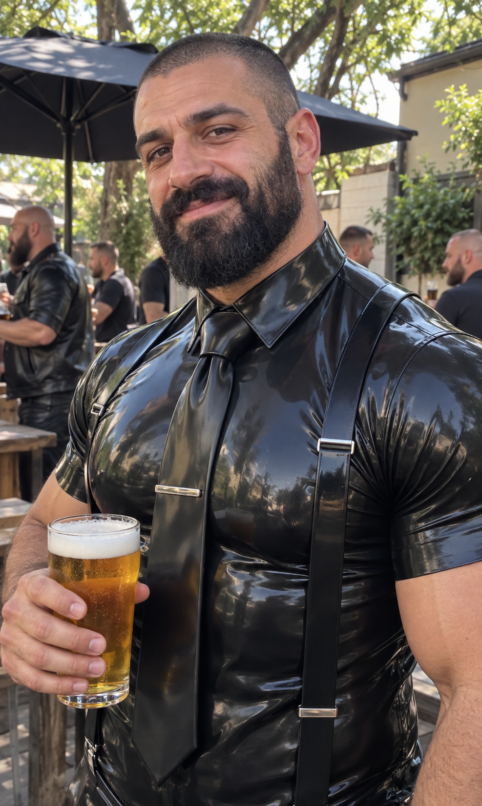 After Hour: black rubber clothing, bearded men and drinks in a leafy beer garden.