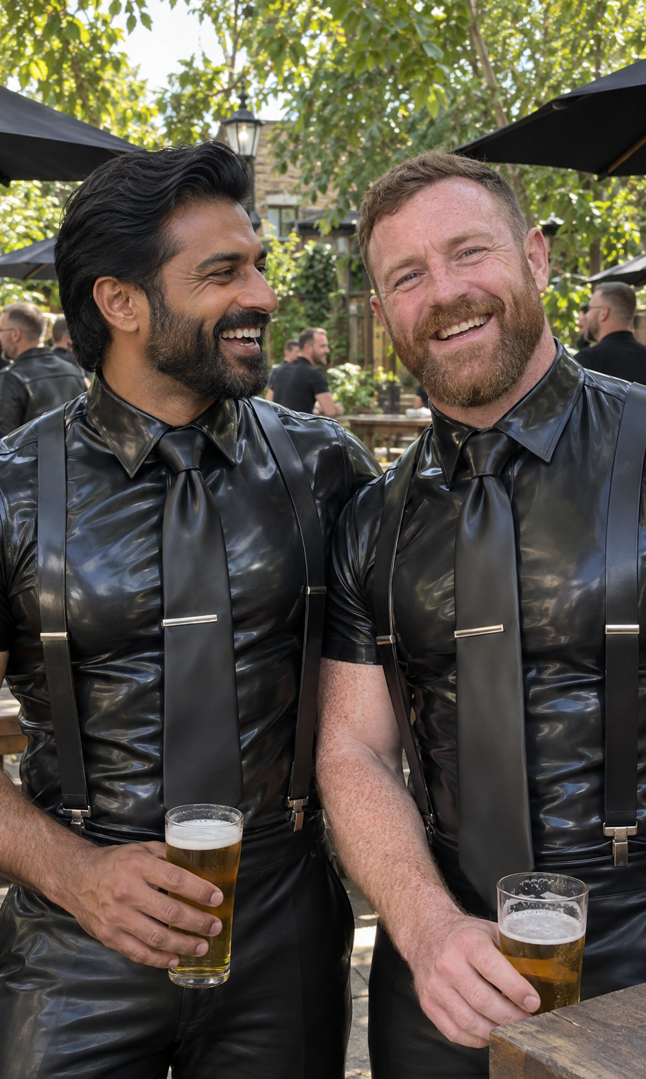 After Hour: black rubber clothing, bearded men and drinks in a leafy beer garden.