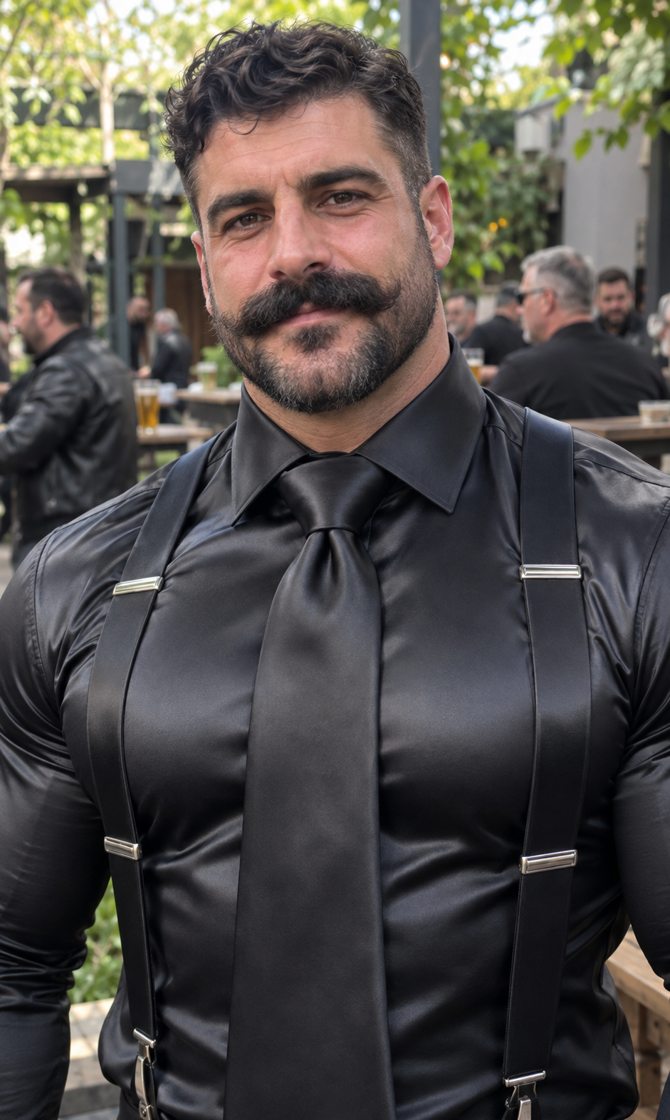 After Hour: black satin clothing, bearded men and drinks in a leafy beer garden.