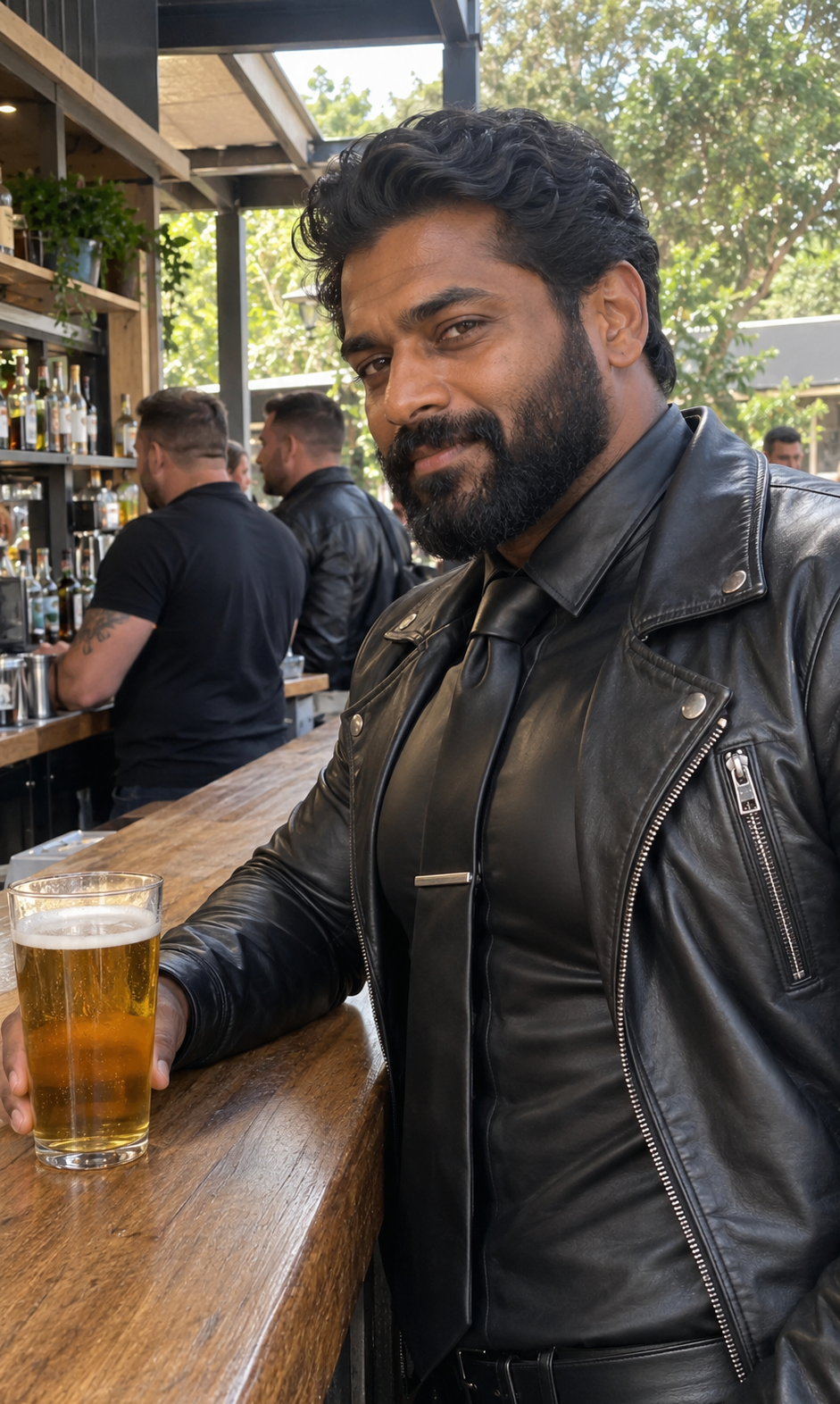 After Hour: black leather clothing, bearded men and drinks in a leafy beer garden.
