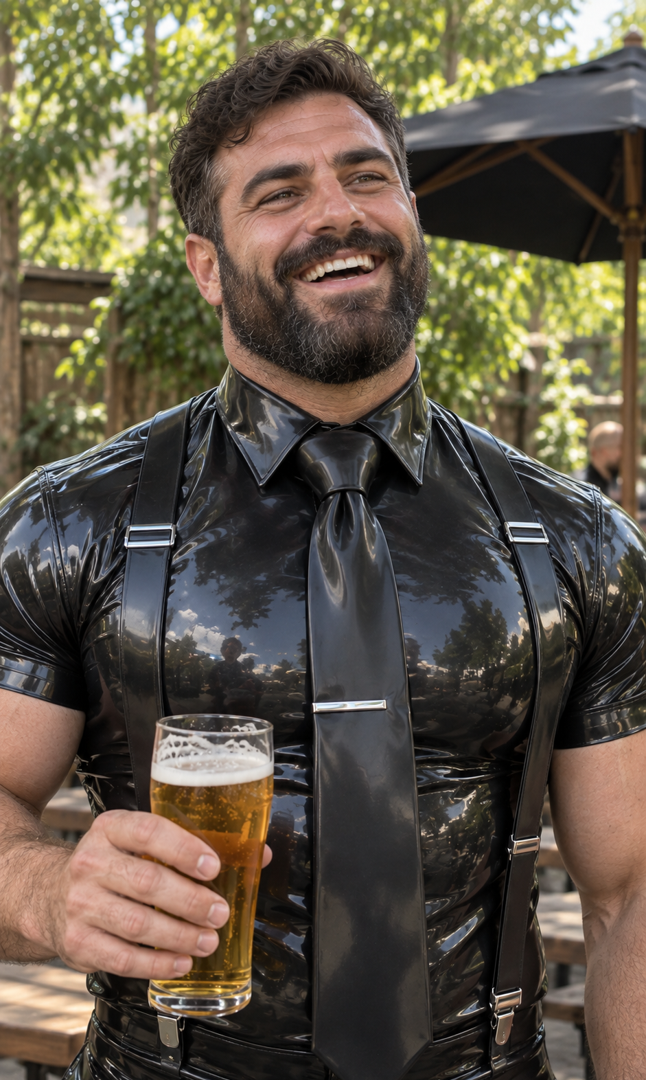 After Hour: black rubber clothing, bearded men and drinks in a leafy beer garden.