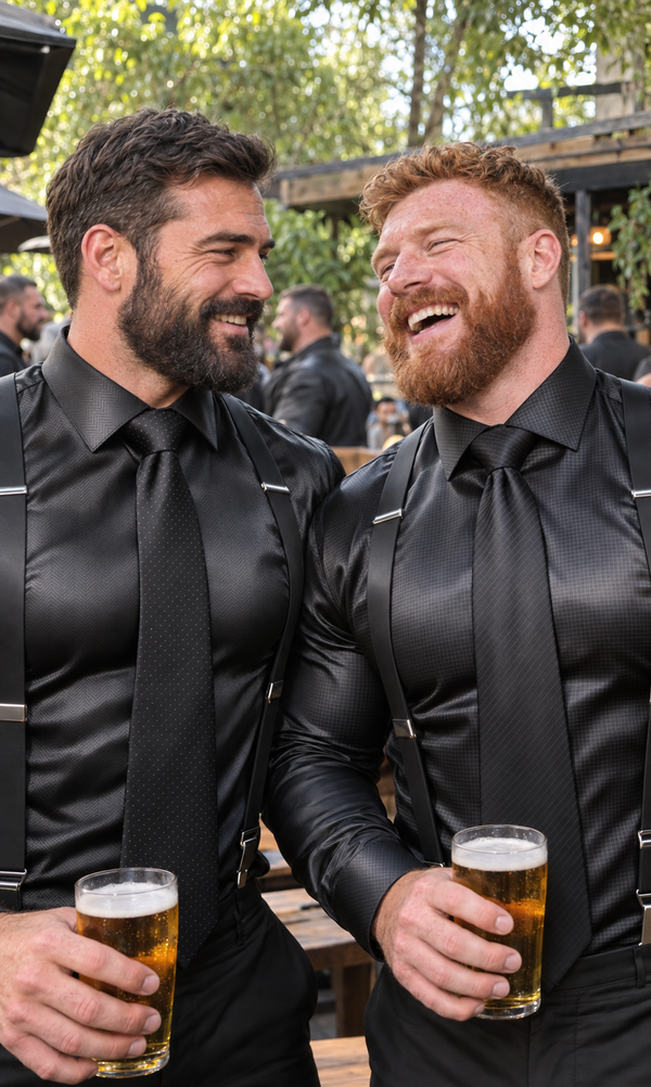 Two bearded men in black satin shirts, ties and suspenders laughing over pints in a beer garden.