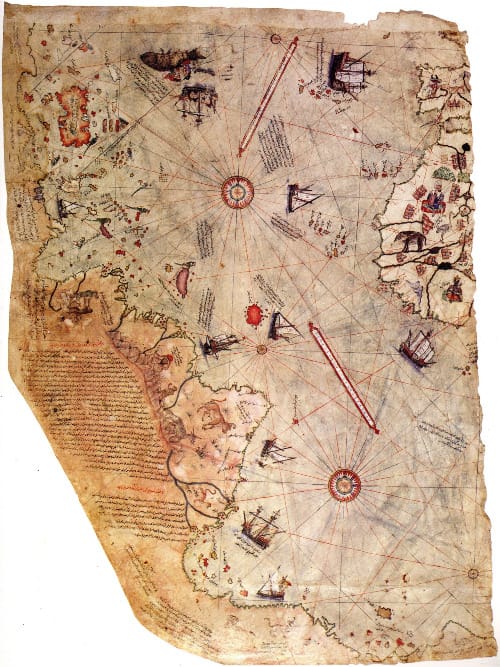 The Piri Reis map of 1513, compiled by the Ottoman admiral from earlier source charts, showing portions of the South American coastline with accuracy that predates Columbus's voyages