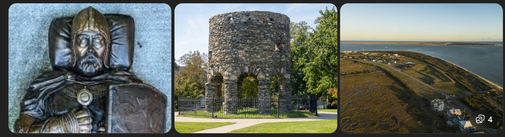 Newport Tower in Touro Park, Rhode Island — circular stone structure whose medieval round-arch design does not match the colonial windmill explanation given by mainstream historians