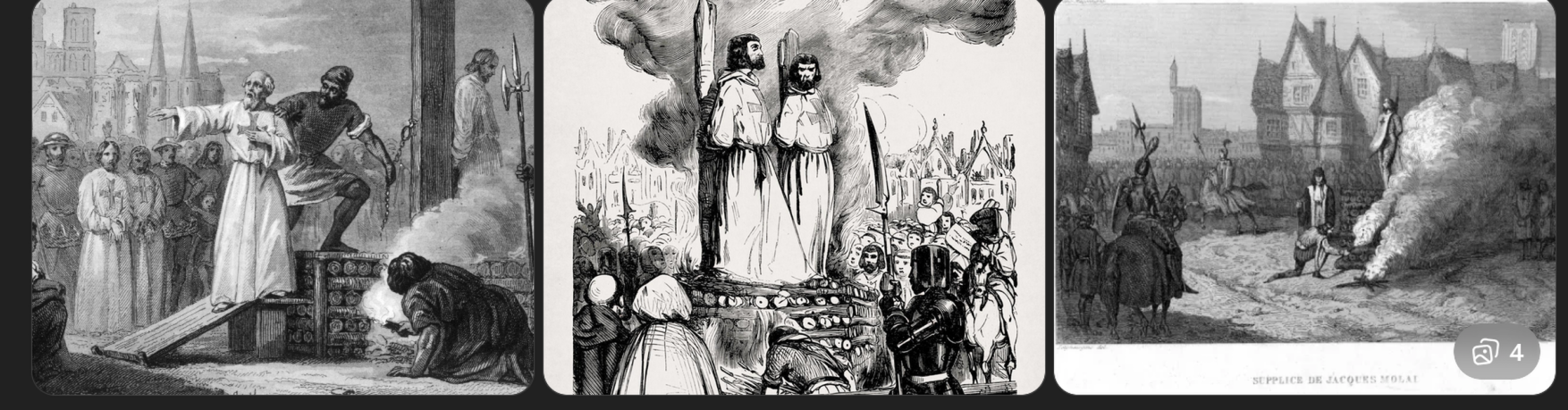 Historical illustration of the execution of Templar Grand Master Jacques de Molay in Paris, 1314