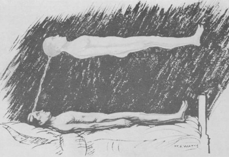 Illustration of the astral body rising from a sleeping figure, from The Projection of the Astral Body by Sylvan Muldoon and Hereward Carrington, 1929