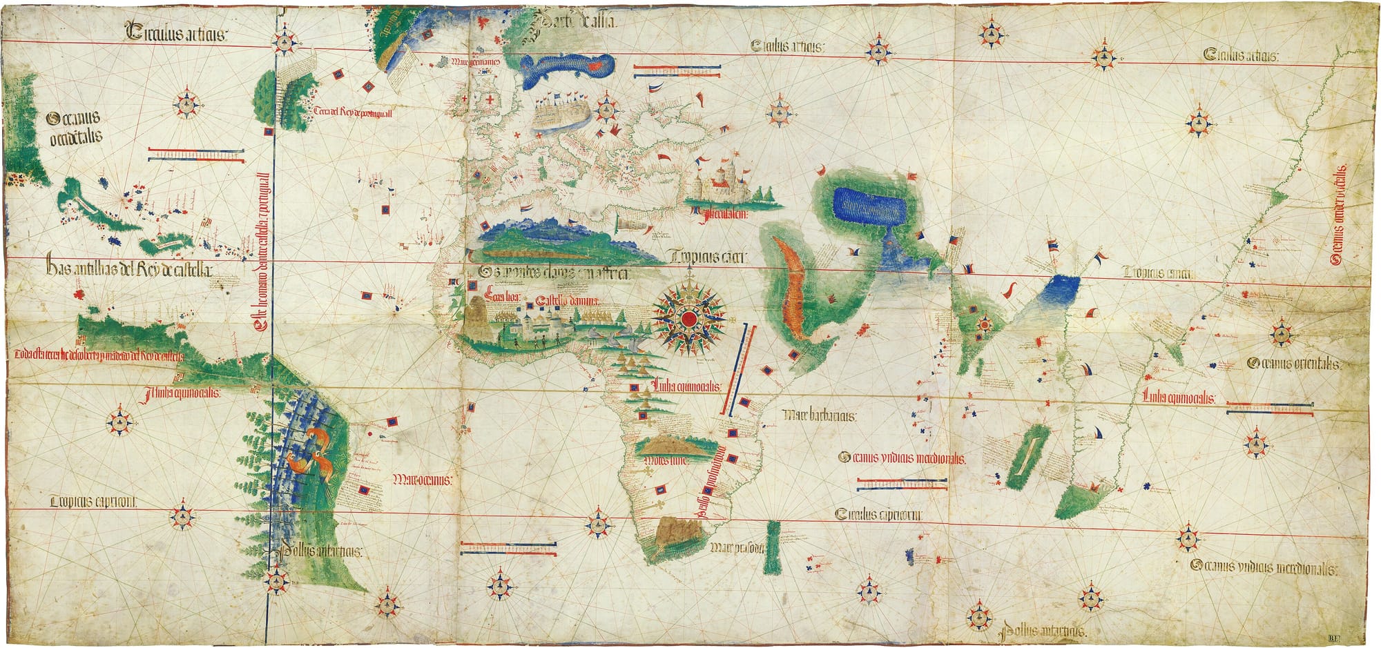 The Cantino Planisphere of 1502, the earliest surviving map showing Portuguese geographic discoveries in east and west, including the Atlantic coastlines Columbus sailed