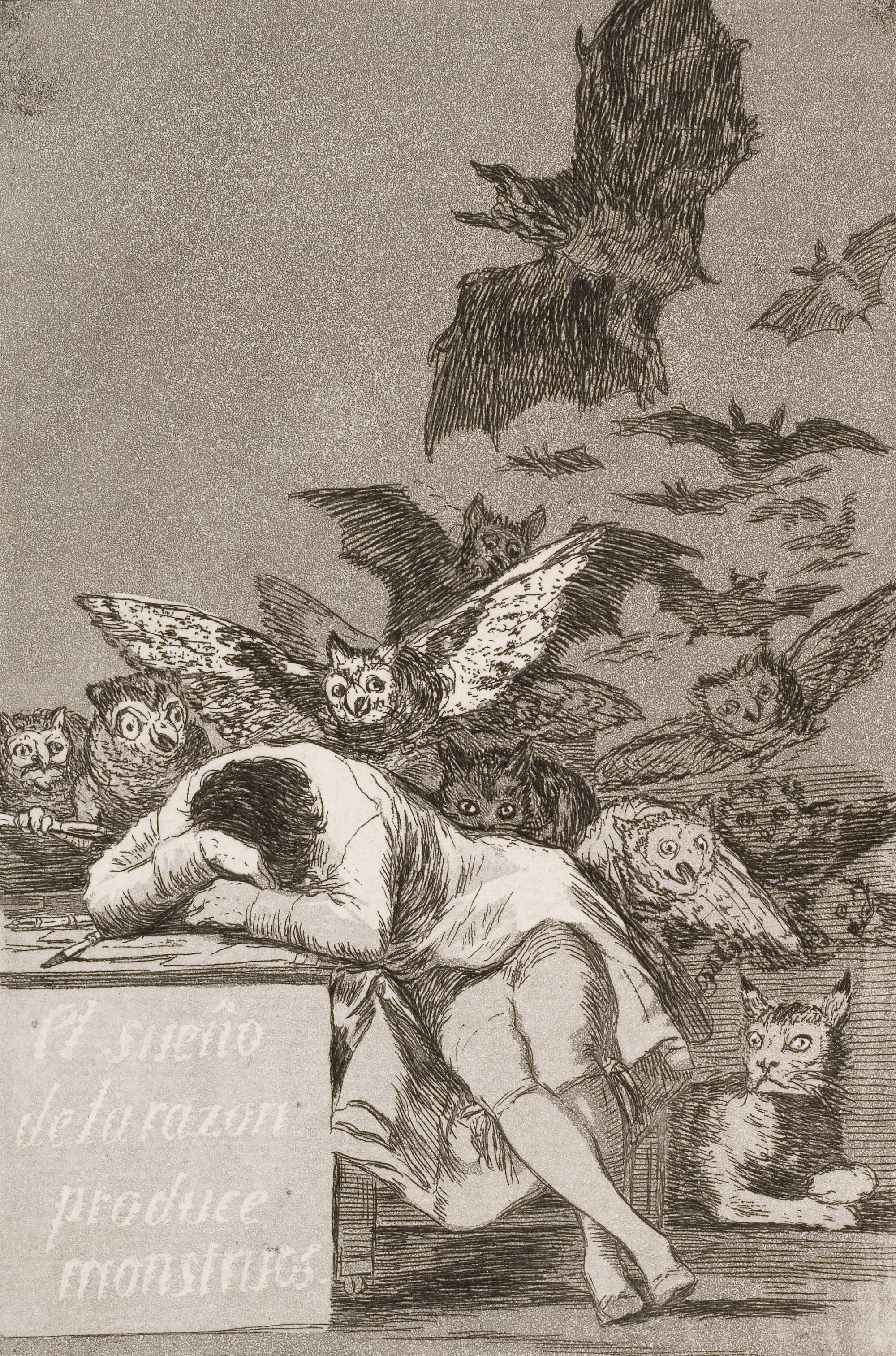 The Sleep of Reason Produces Monsters by Francisco Goya, 1799 — a sleeping figure is surrounded by owls, bats and shadowed creatures