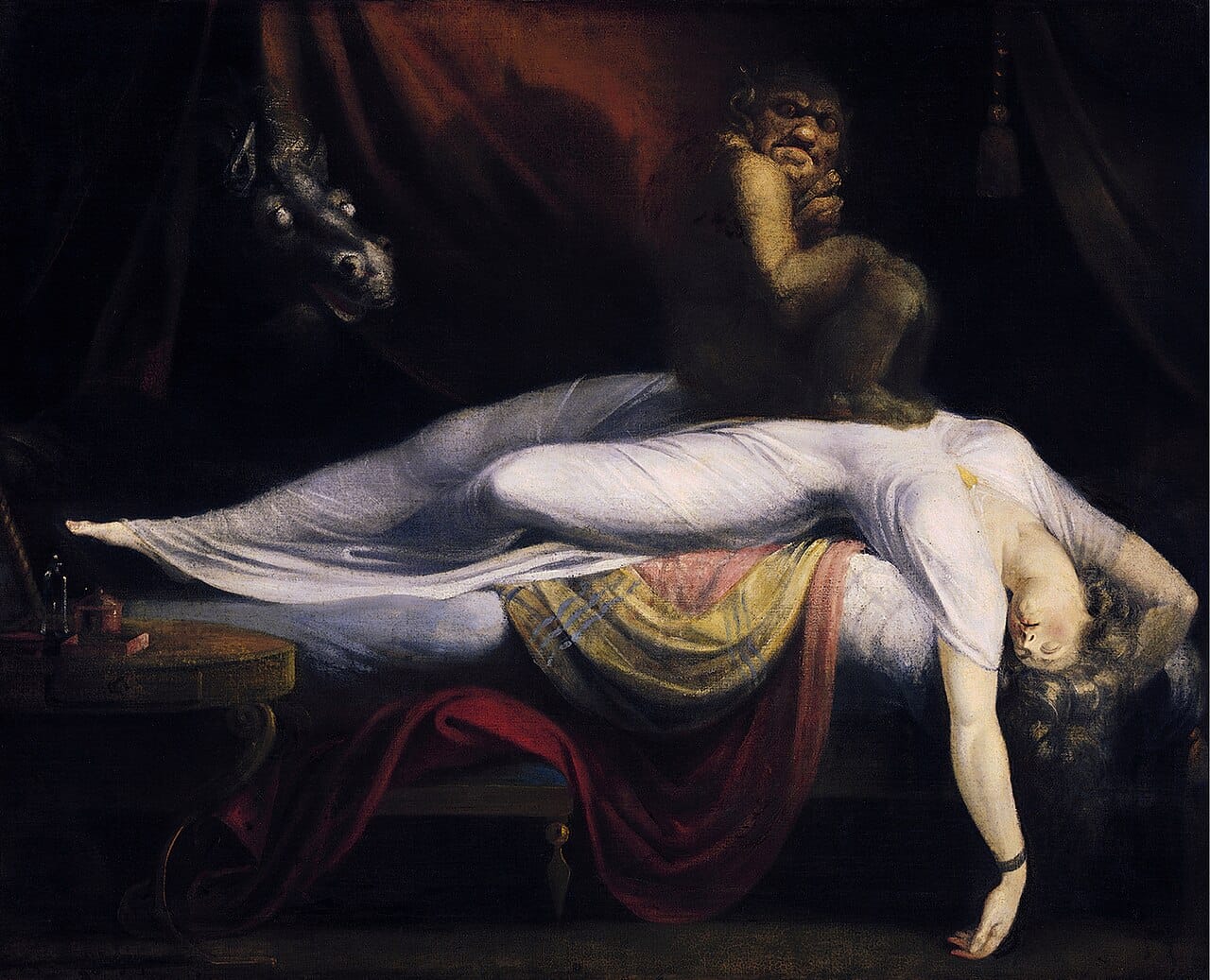 The Nightmare by Henry Fuseli, 1781 — a woman lies unconscious as a demon crouches on her chest and a horse's head emerges from behind dark curtains