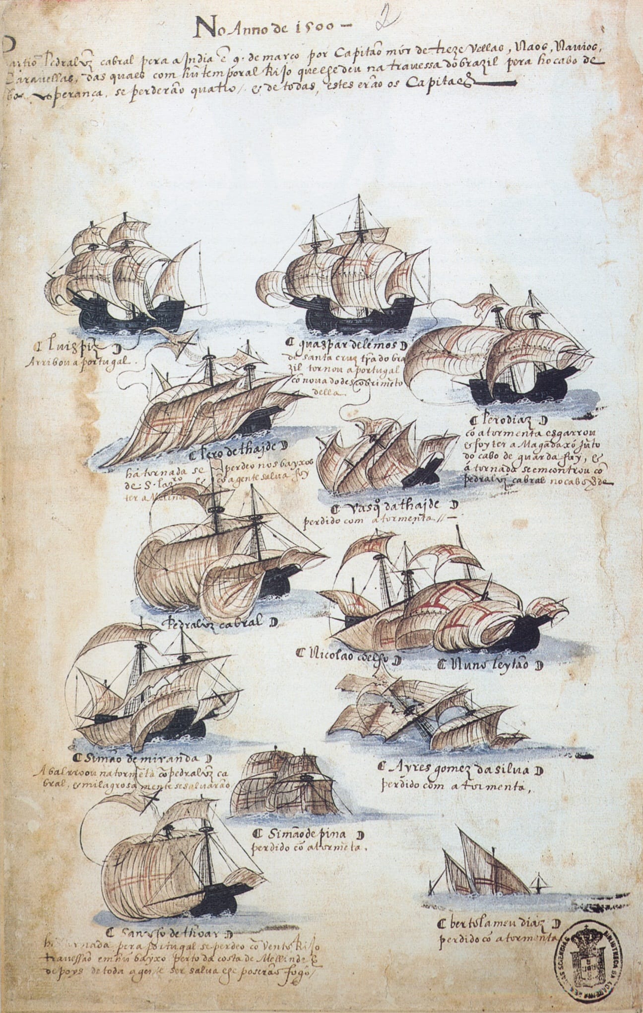 The fleet of Pedro Álvares Cabral showing the Order of Christ cross pattée on the sails — the same cross Columbus flew on the Santa María