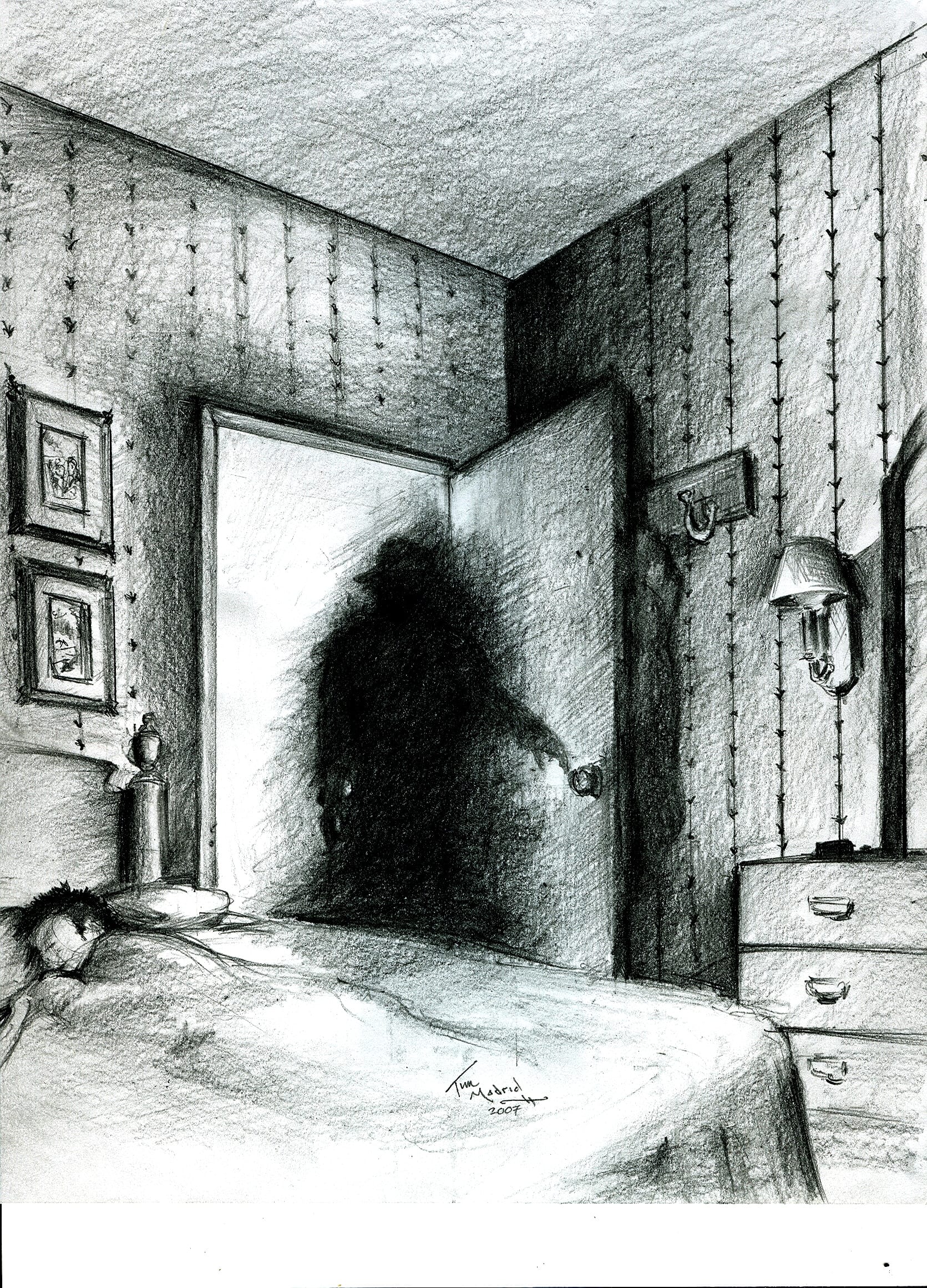 Shadow being by Timitzer, alarge black mass resembling a humanoid in shape , stands at an open door of a childs bedroom,the sleeping child is unaware of its presence