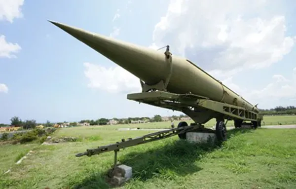 Soviet R-12 Dvina intermediate range ballistic missile on public display