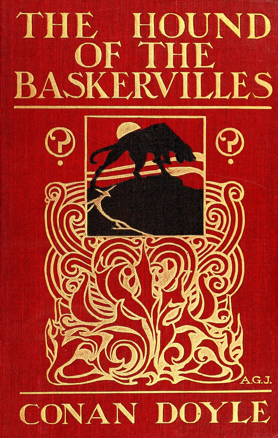 First edition cover of The Hound of the Baskervilles by Arthur Conan Doyle published by George Newnes Ltd 1902 showing black hound silhouette in gilt on red cloth binding