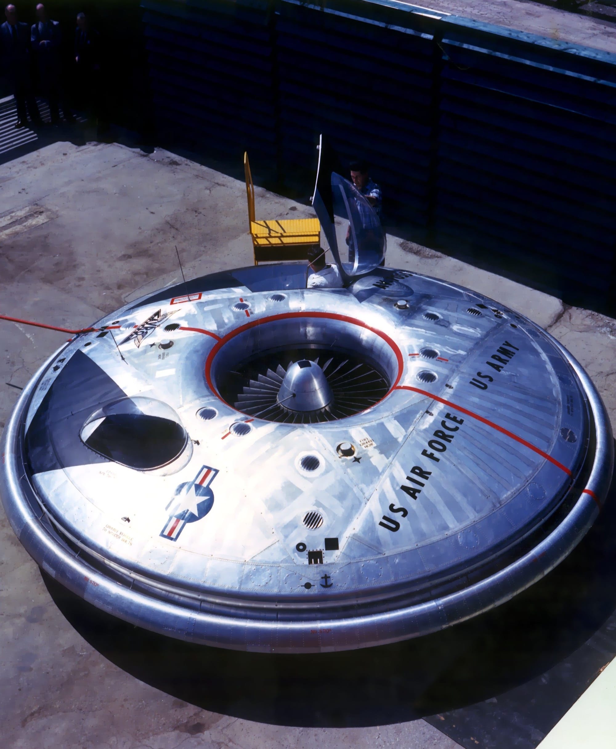 Illustration of experimental disc-shaped aircraft concepts from 1950s aerospace research, representing the era of gravity control propulsion studies