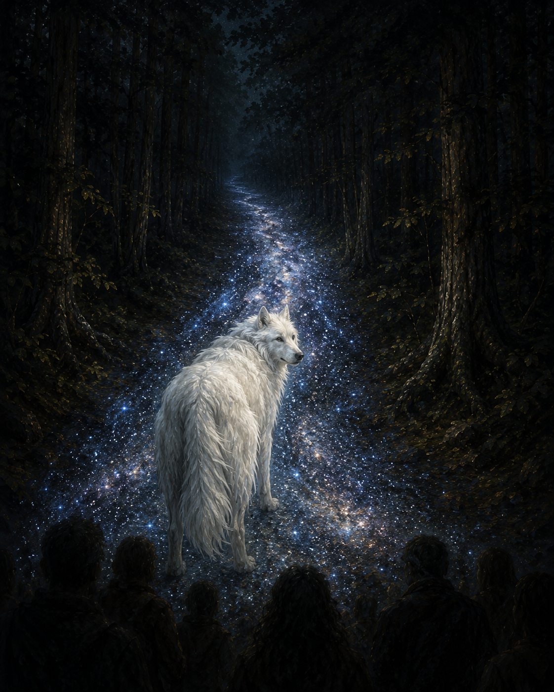 A large luminous white dog standing on an ancient forest path at night as the trail beneath its paws transforms into the Milky Way, with the silhouettes of a following procession visible in the foreground