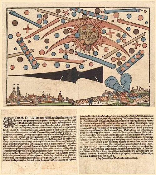 Hans Glaser woodcut broadsheet from April 1561 depicting the celestial phenomenon over Nuremberg, showing spheres, cylinders and crosses in aerial combat above the city