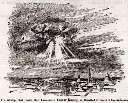 Crowds in Sacramento looking up at a glowing cigar-shaped airship moving through low cloud in 1896