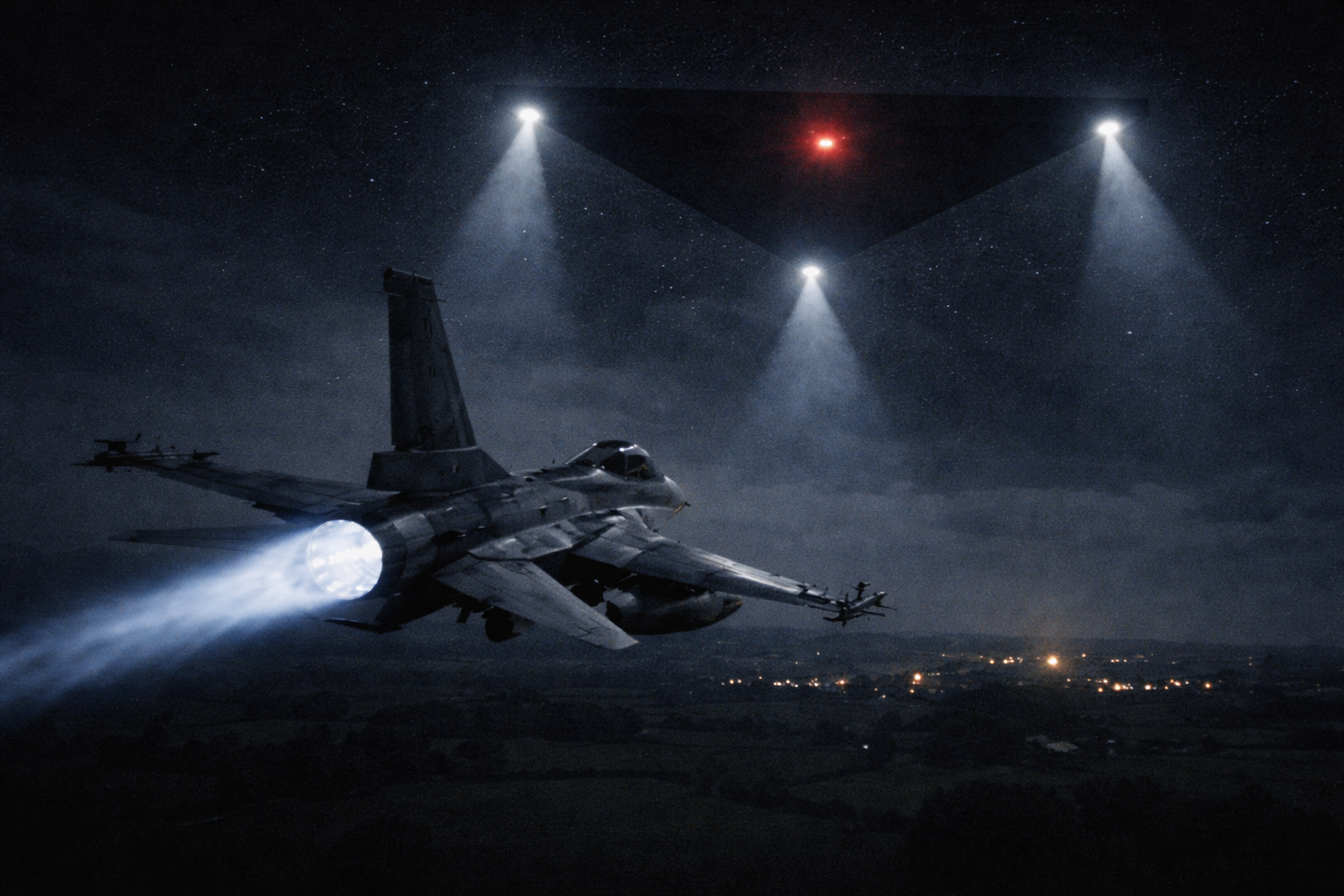 Illustration of a large silent black triangular craft at low altitude over Belgian countryside, 1989-1990 flying triangle wave