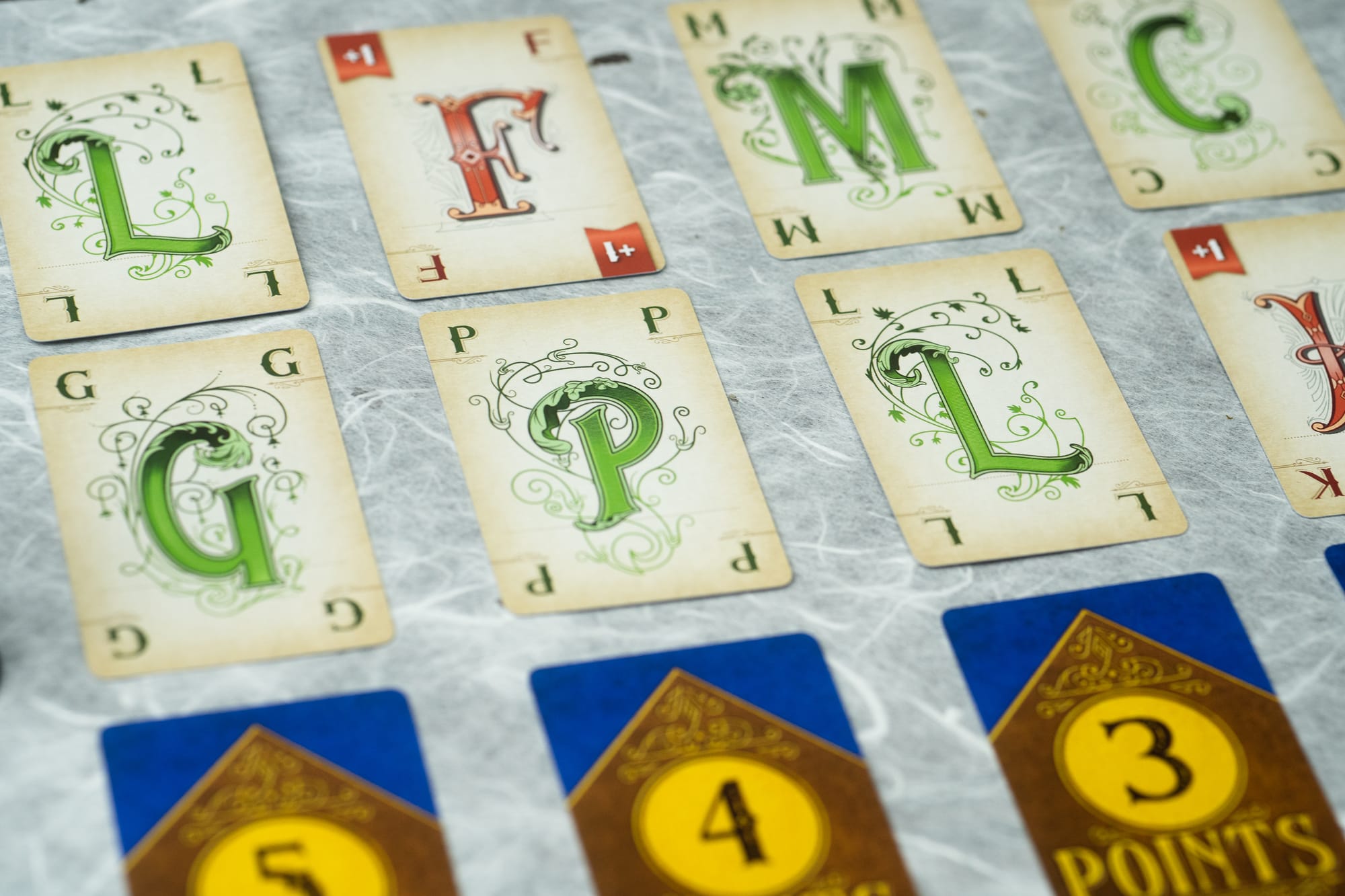 Cards from the game Wordsy on a table.