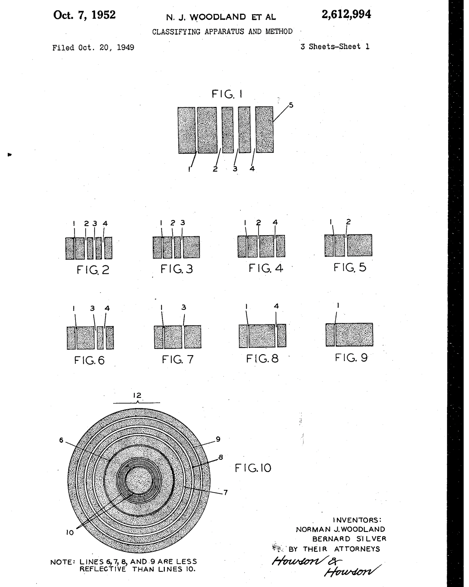 Patent drawing from U.S. Patent 2,612,994 showing an early circular bull’s-eye barcode concept and related classification diagrams.