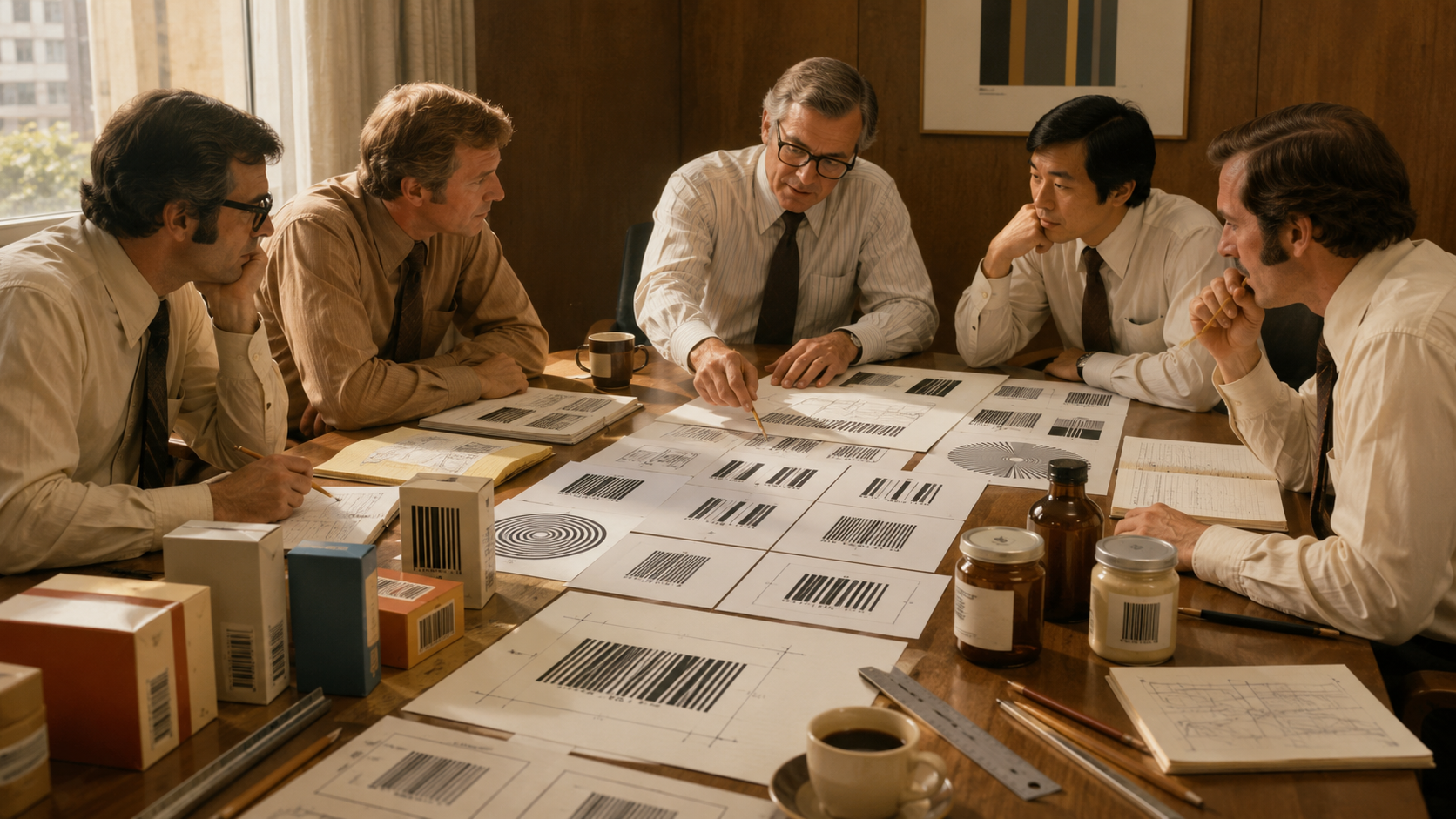 AI-generated editorial scene of a 1970s conference table covered with barcode designs, packaging samples, rulers, and technical drawings as five men review competing standards.