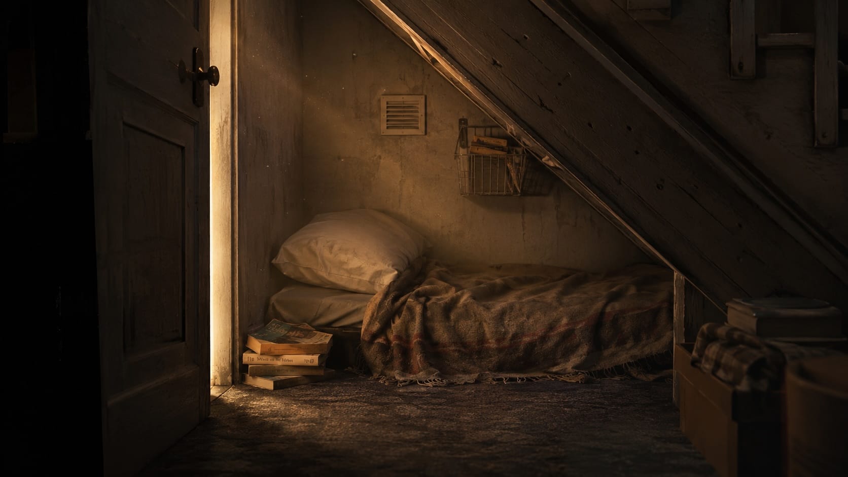 A small cupboard beneath a staircase, softly lit from within, with books and bedding visible inside.