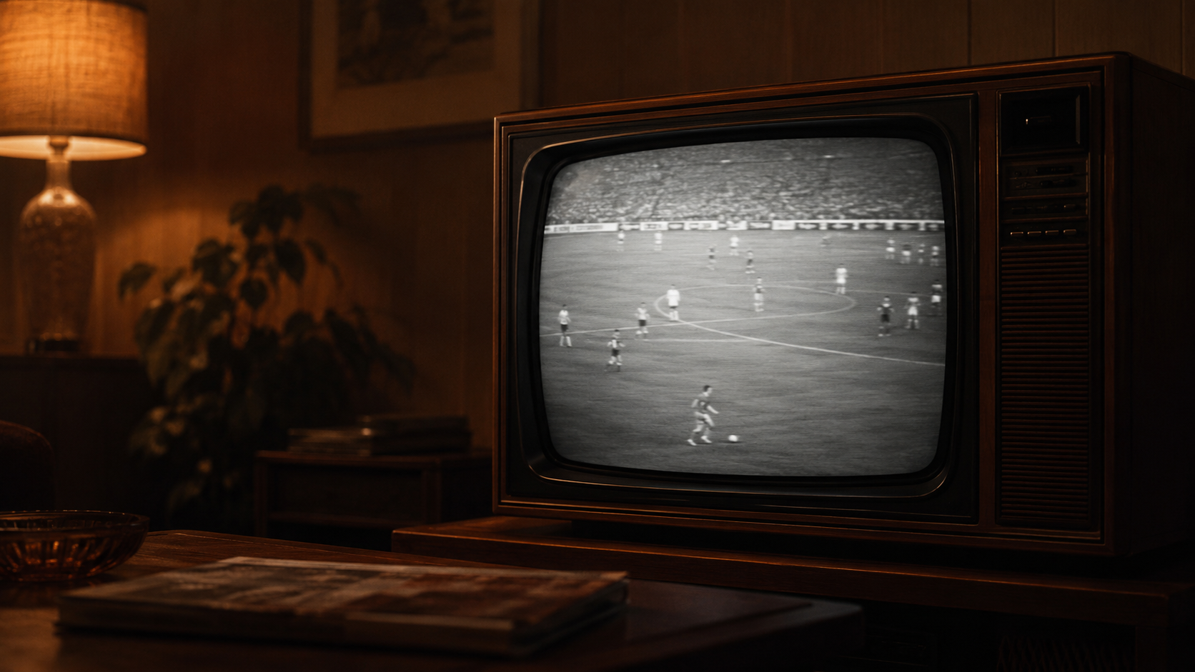 AI-generated image of a 1970s living room with a vintage television showing a blurred black-and-white soccer broadcast, with the ball visible on screen.