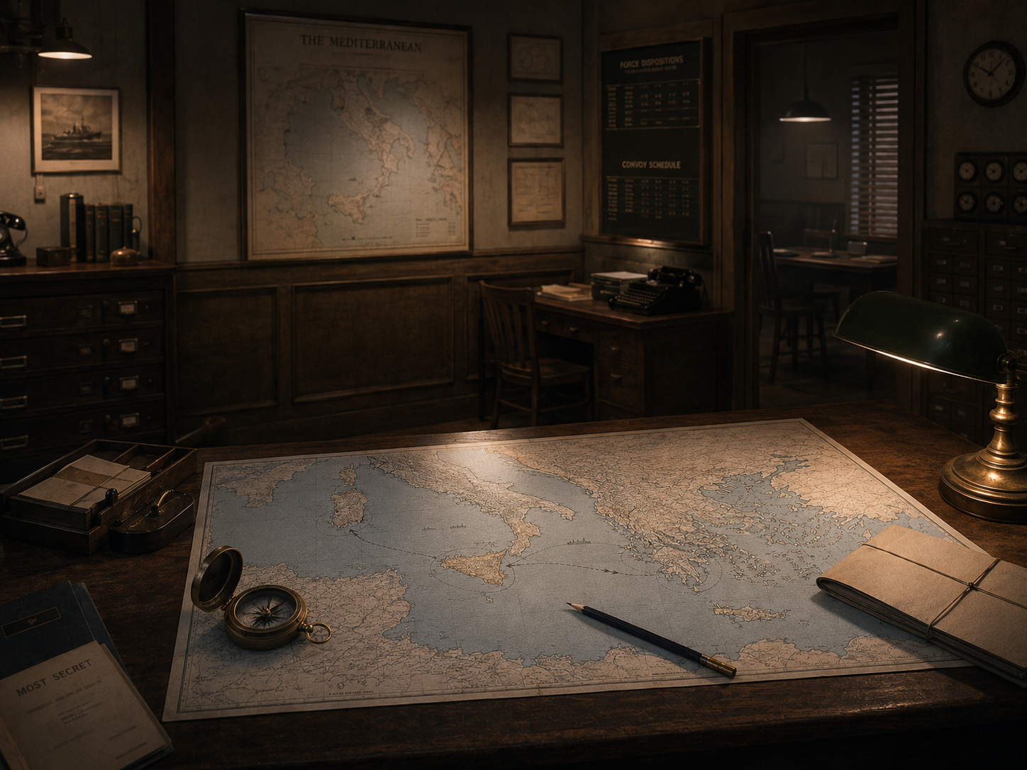 WWII-era British intelligence planning room with a Mediterranean map spread across a wooden desk, marked routes, a compass, documents, and wartime office furnishings in warm lamplight.