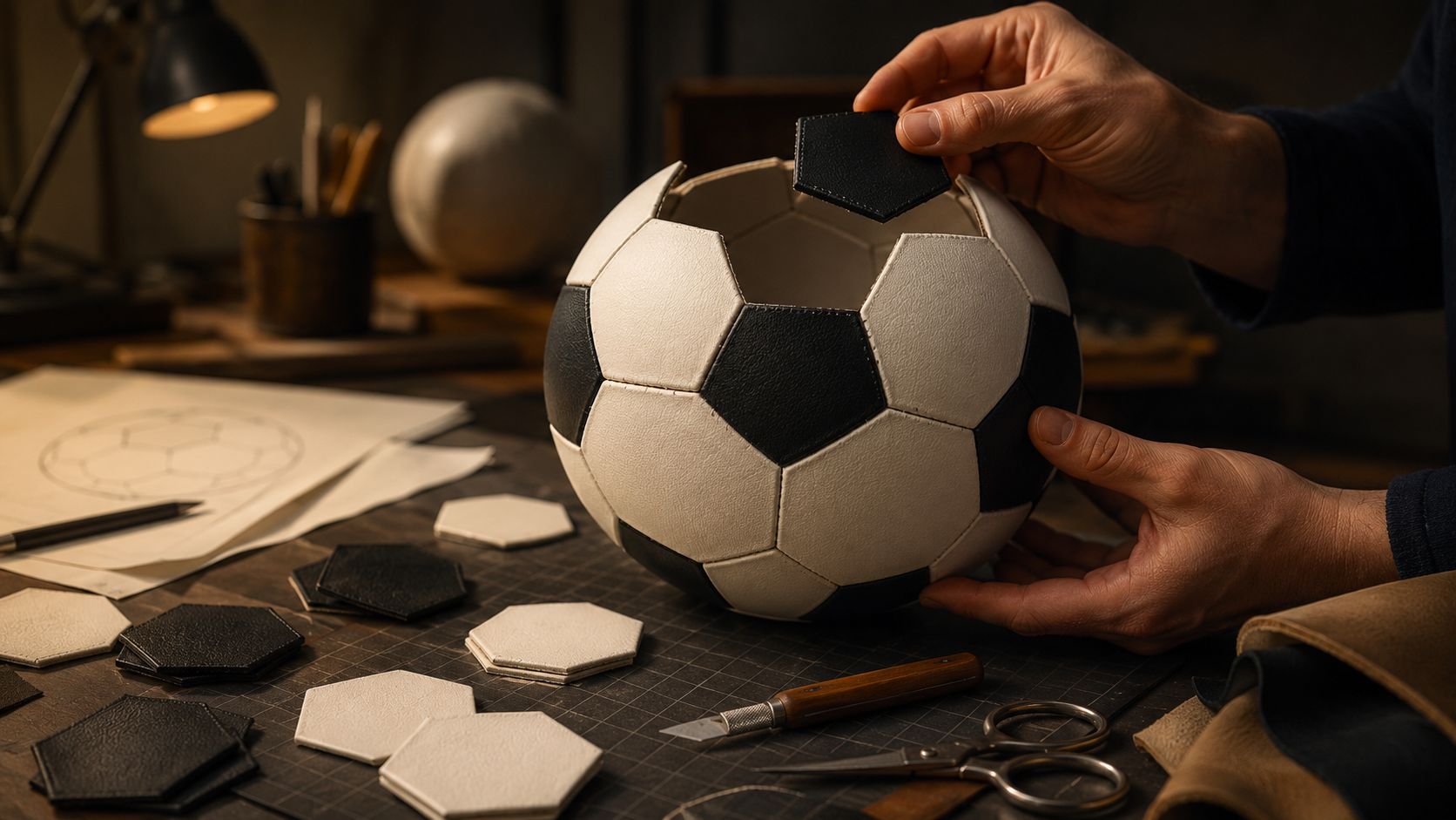 AI-generated image of hands assembling a black-and-white Telstar-style soccer ball in a design studio, with loose pentagon and hexagon panels on the worktable.