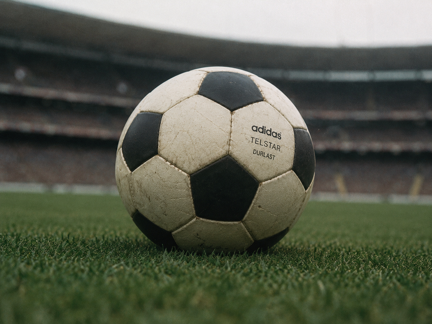 AI-generated image of a worn Telstar Durlast-style soccer ball on grass in a blurred stadium, with black pentagonal panels and white hexagonal panels.
