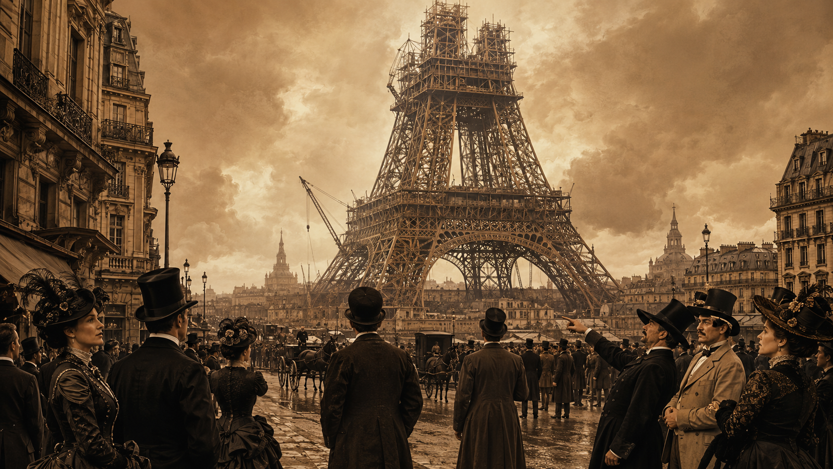Editorial illustration of the Eiffel Tower rising over historic Paris, surrounded by newspapers and architectural protest sketches.