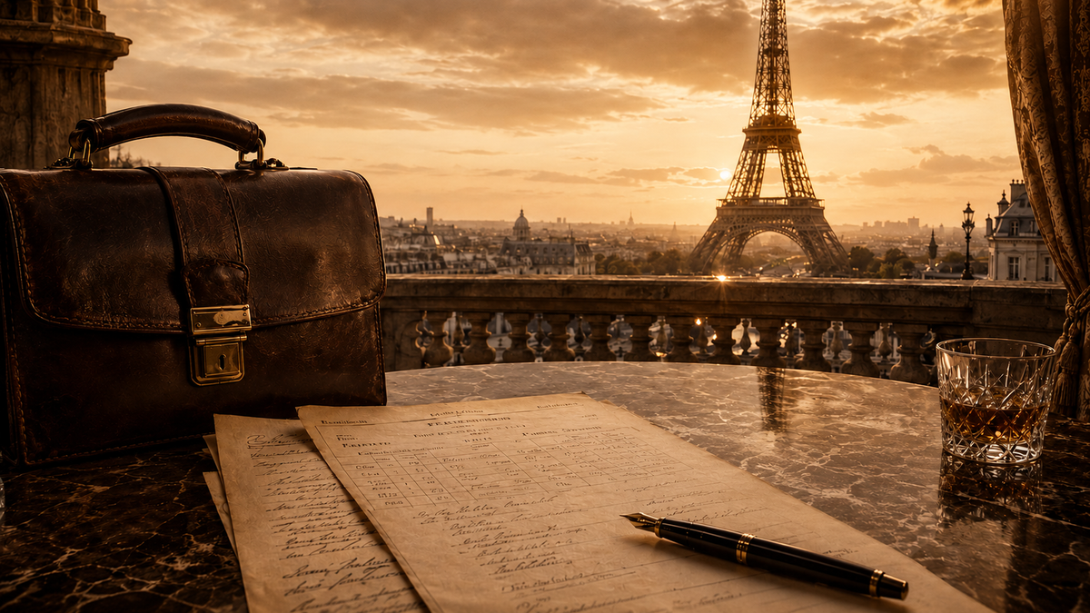 Editorial illustration of a leather briefcase, papers, a sealed letter, and a fountain pen on a table overlooking the Eiffel Tower at dusk, with a glass resting beside the documents.