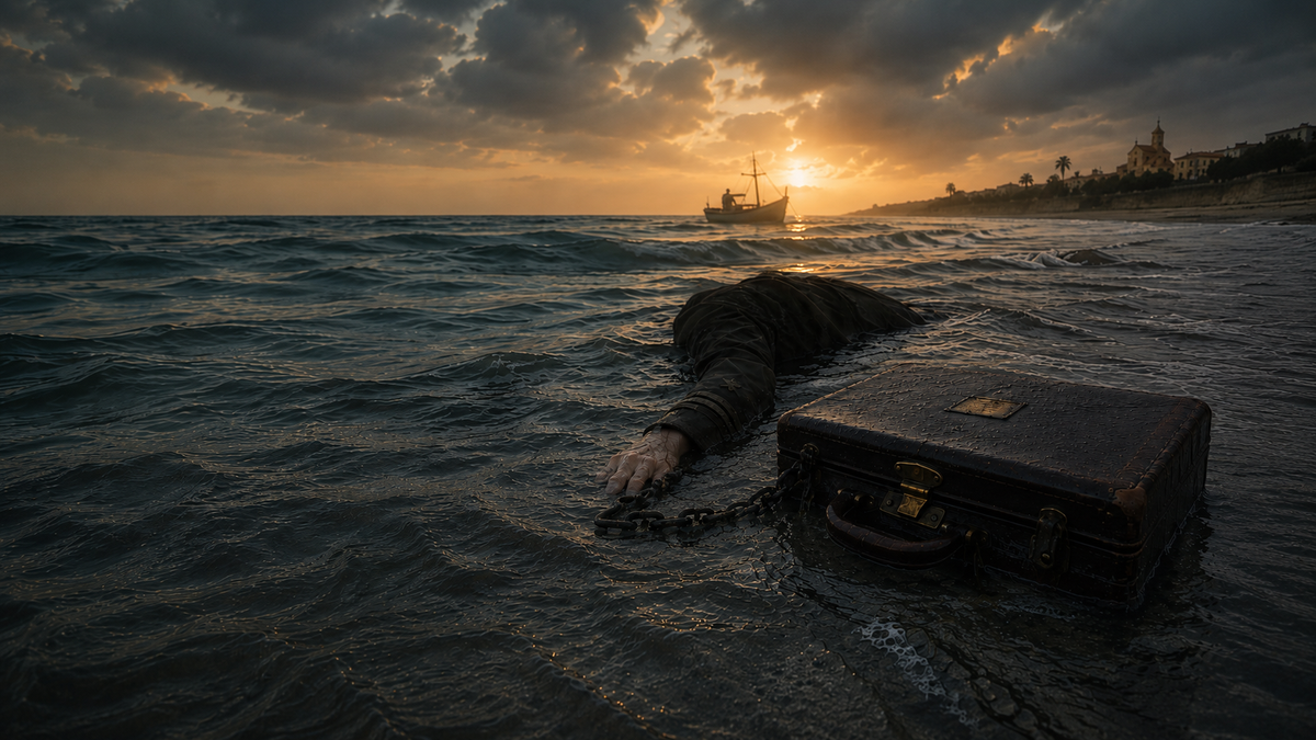 A cinematic sunset shoreline scene with a dark suitcase floating in choppy water, chained to a partially submerged man, while a small boat sits in the distance near a moody coastal town.