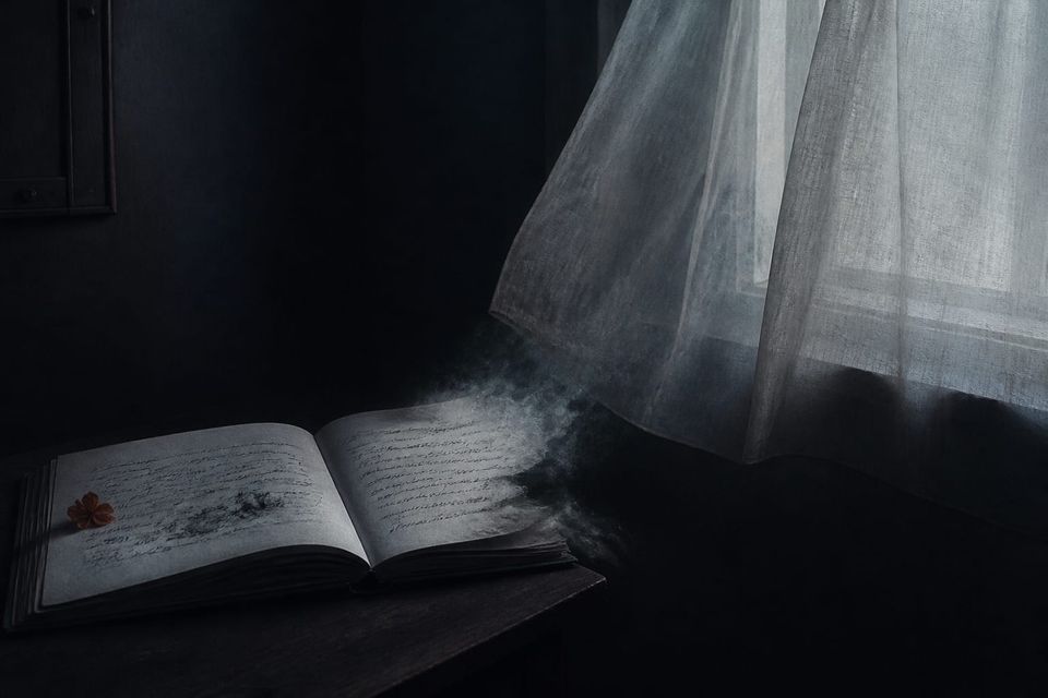 An open dream notebook beside a moving curtain before dawn, with one page fading into mist.
