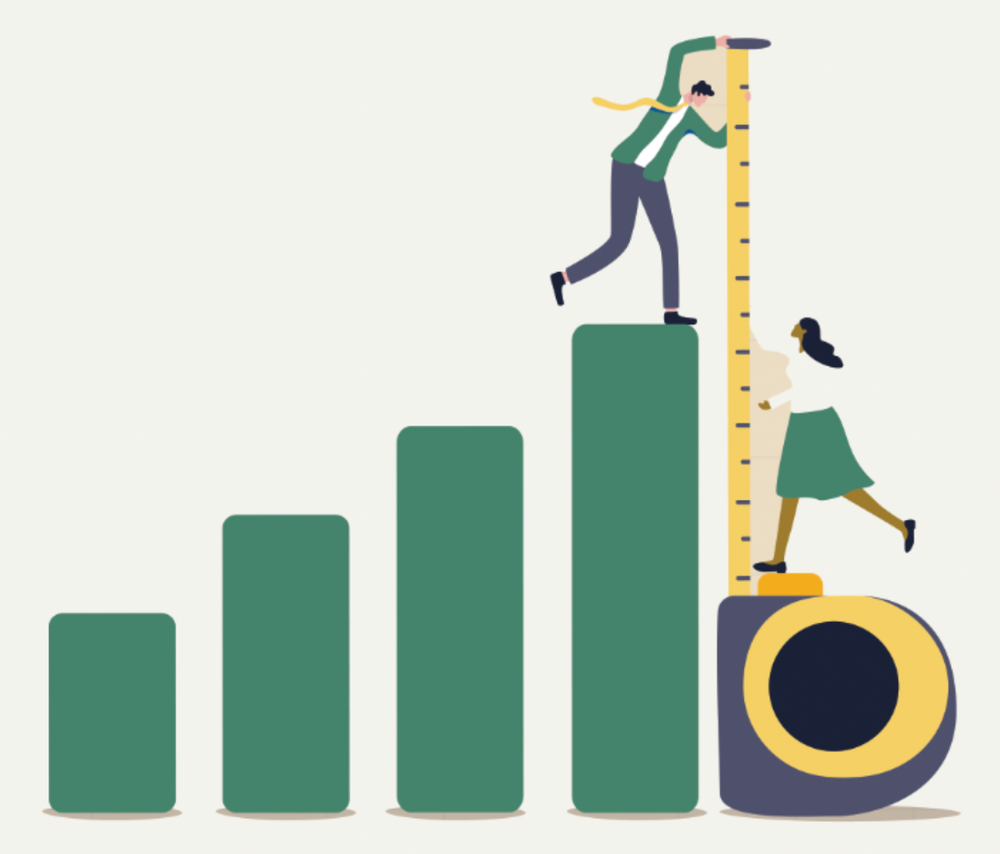 People measuring a bar graph