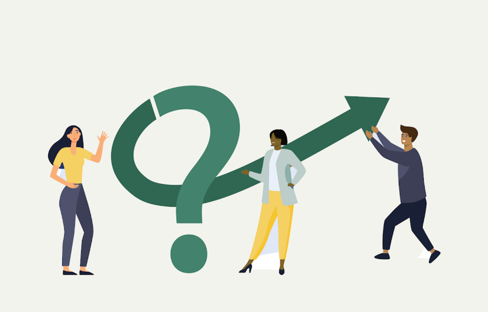 Drawn characters around a question mark