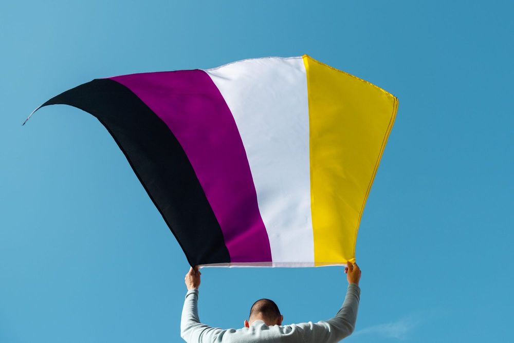 Person holding the non-binary pride flag