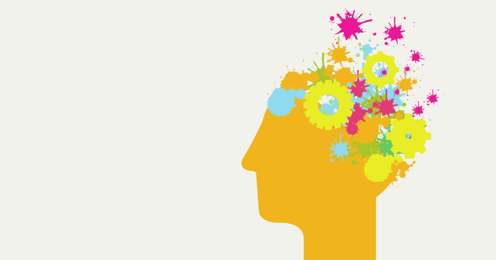 Illustrated head with brain composed of gears and bright colors