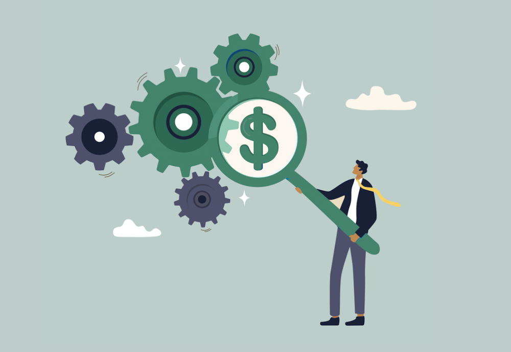 Person wearing a yellow tie holding a magnifying glass with a $ in it