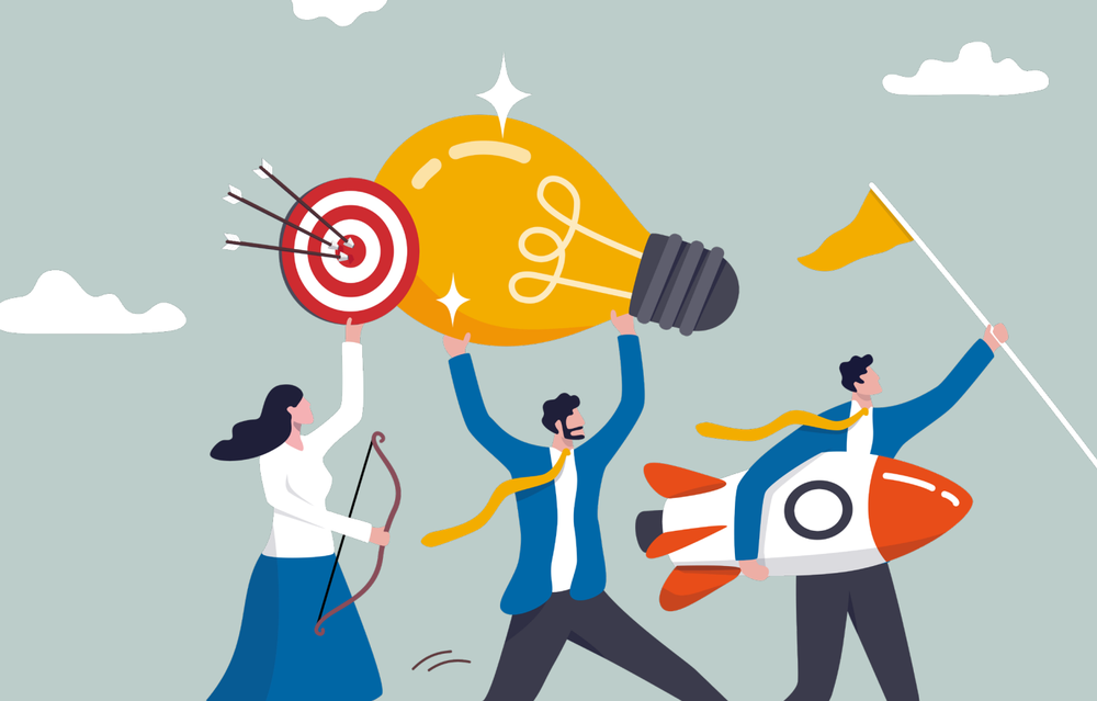 Three figures carry a lightbulb, a rocket, and a shooting target