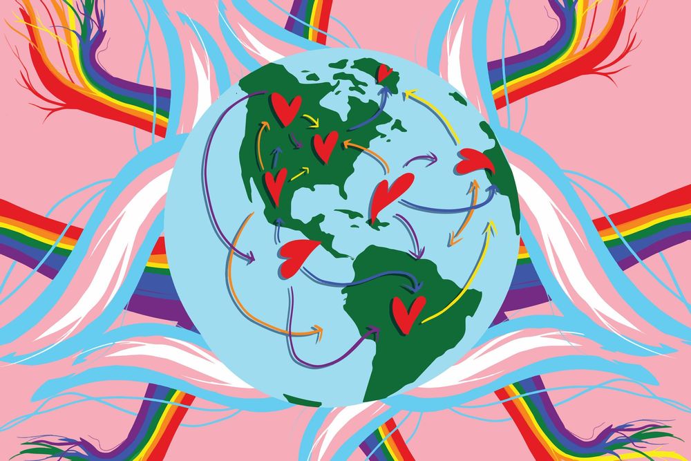 Graphic of globe with rainbow and transgender pride flags